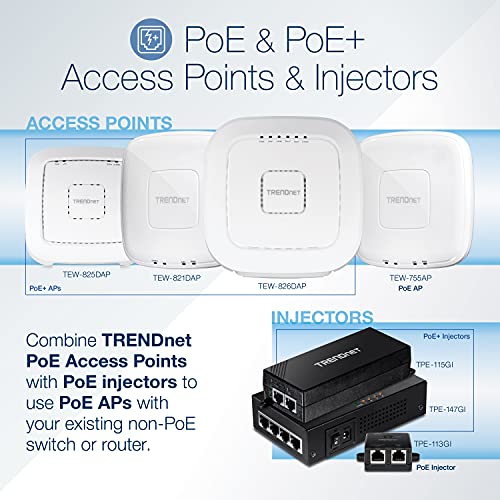 Image of TRENDnet AC1750 Dual Band PoE Access Point, TEW-825DAP, 1300Mbps WiFi-AC+ 450Mbps WiFi-N, Repeater Modes, Band Steering, IPv6, NDAA & TAA Compliant, Ceiling /Wall Mounting Plate, White