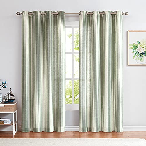 Collact Linen Curtains 96 Inch Length 2 Panels For Living Room Pinstripe Pattern Farmhouse Curtain Green Drapes Rustic Grommet Light Filtering Ticking Striped Window Curtains For Bedroom Sage On Beige #TOP1
