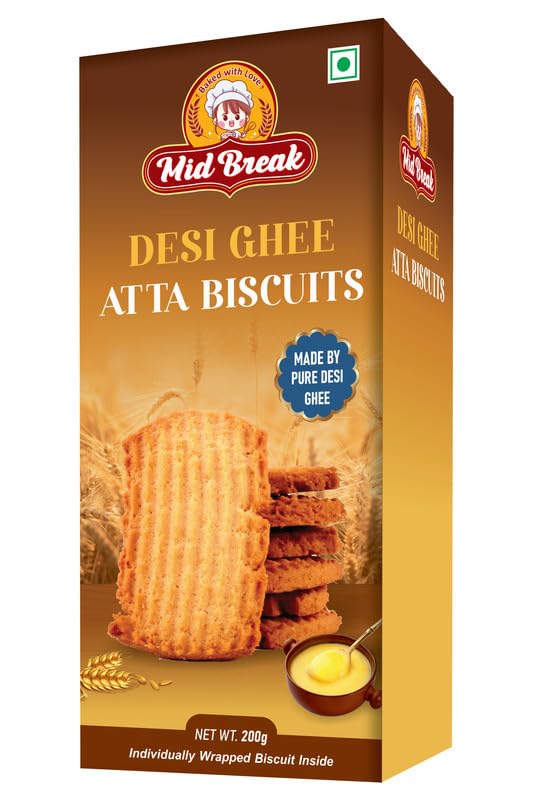 Image of MidBreak Handmade Atta Biscuits with Desi Ghee - 200gm | Eggless Vegetarian Cookies | Premium Tea-Time Snack | Traditional Taste - Pack of 1