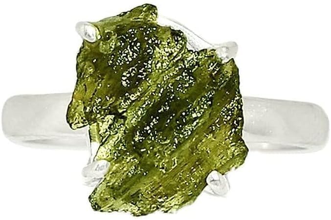 Natural Moldavite Rough Ring 925 Sterling Silver Handmade Jewelry Gemstone From Czech Republic