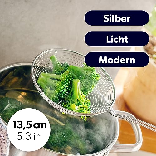 Foto von KADAX Schaumkelle, kleiner Durchschlag, Stahldurchschlag mit langem Griff, Abseihlöffel, Schaumlöffel, Schöpflöffel, Sieb, Blanchierheber (Silber)