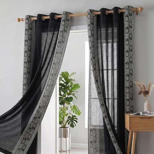 Image of LINENWALAS Cotton Linen Sheer Curtains 5 Feet for Window -Block Printed Door Curtain | Grommet Hanging Style Pack of 2 Panels |Light Filtering Sheer Drapes (Bandhani)