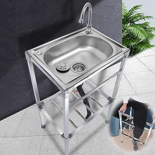 KADEUX Stainless Steel Kitchen Sink Set, Simple Restaurant Laundry Sink, Portable Industrial Sink W/Cold Hot Water Pipe, Freestanding Hand Washing Station ( Color : Hot and Cold , Size : 53*38cm/21*15