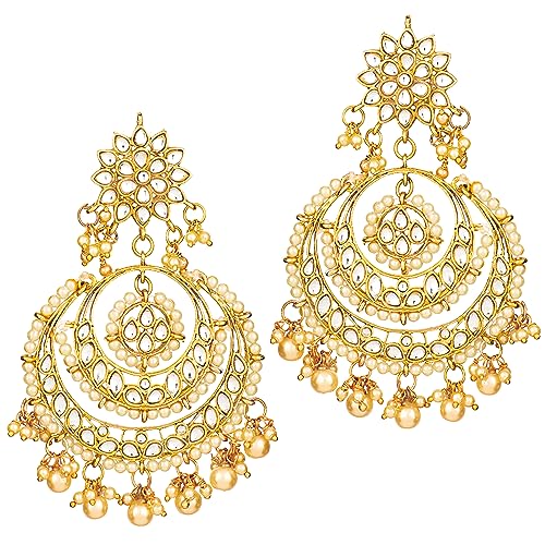 Image of Peora Traditional Jewellery Rhodium Kundan & Pearl Maang Tikka Earring Set for Women Girls