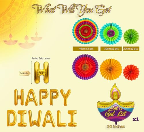 Image of AMFIN (Pack of 8) Happy Diwali Diya Shape Foil Balloon with Paper Fan - Multi