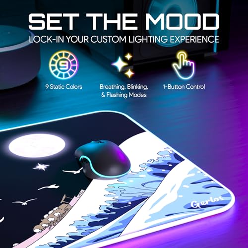 Image of Gerlos RGB Gaming Mouse Pad, Large LED Desk Mat, 31.5 x 11.8 Inch | 12 light modes, non-slip base, water-resistant surface, stitched edges