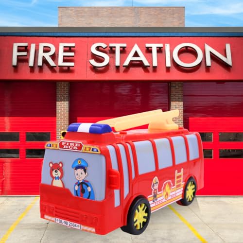 Image of ToyBharat Fire Bus Friction Power Toy moves forward with simple friction power-no batteries needed! Bright and durable, it's perfect for kids ages 1 to 6 who love vehicles and active imaginative play.
