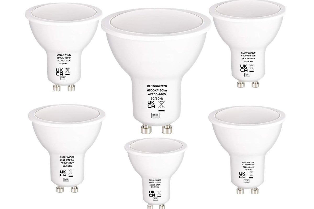 GU10 6W LED Bulb, 6000K Cool White,60W Halogen Bulb Equivalent, 480LM, LED Spot Bulb, 120 Degree Beam Angle, Non Dimmable, Perfect for Indoor Use, 6 Pack