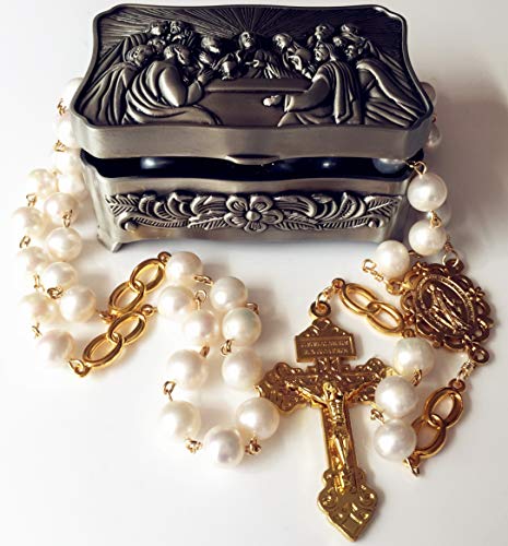 elegantmedical Handmade GOLD White Pearls Bead Necklace Lasso Wedding Rosary Cross Crucifix Catholic gift4
