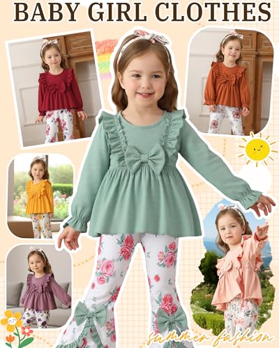 Toddler Baby Girl Clothes Fall/Winter Girls Outfits Ruffle Long Sleeve Tops Floral Flared Pants Girls' Clothing Sets2