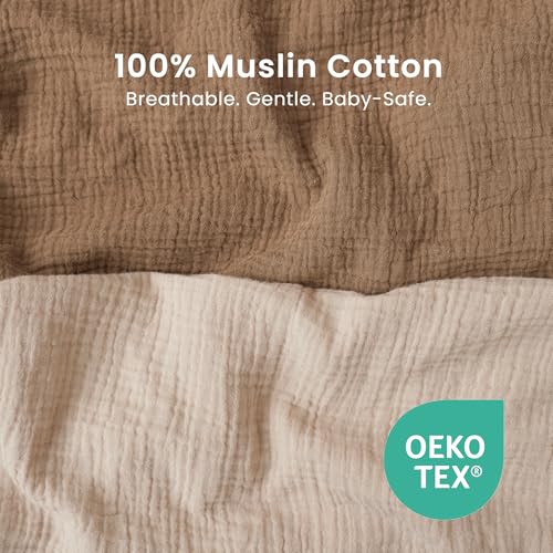 Image of Konssy 2 Pack Muslin Bassinet Sheets for Boys, Girls, 100% Cotton Soft Breathable Fitted Bassinet Mattress Sheet, 33 x 21 inches (Brown,Summer Wheat)