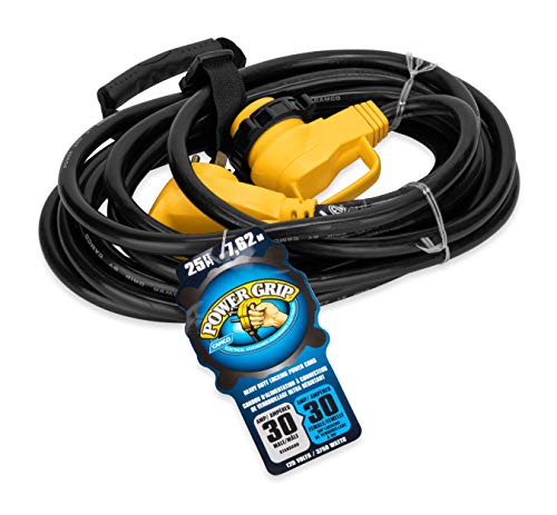 Image of Camco Power Grip 25-Ft 30 Amp RV Extension Cord w /90 Locking End - Rated for 125V / 3,750W - Features Threaded Locking Ring for Weatherproof Connection & 10-Gauge Copper Wire (55524) (Pack of 2)