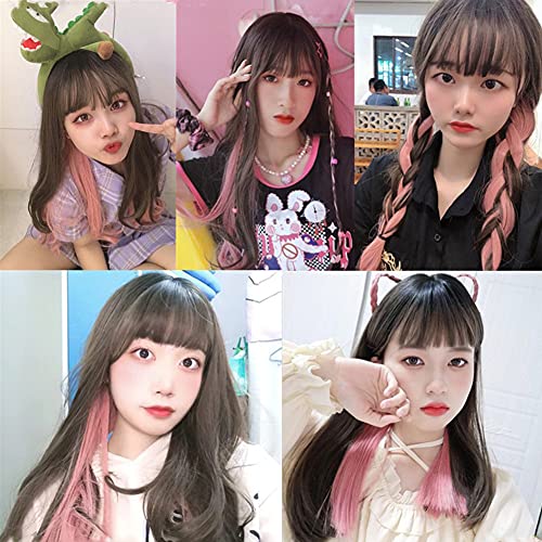 Image of Swiking Black and Pink Long Straight Wig for Women with Bangs Synthetic Hair Heat Resistant Fiber Wig Natural Looking Halloween Party Cosplay Wig
