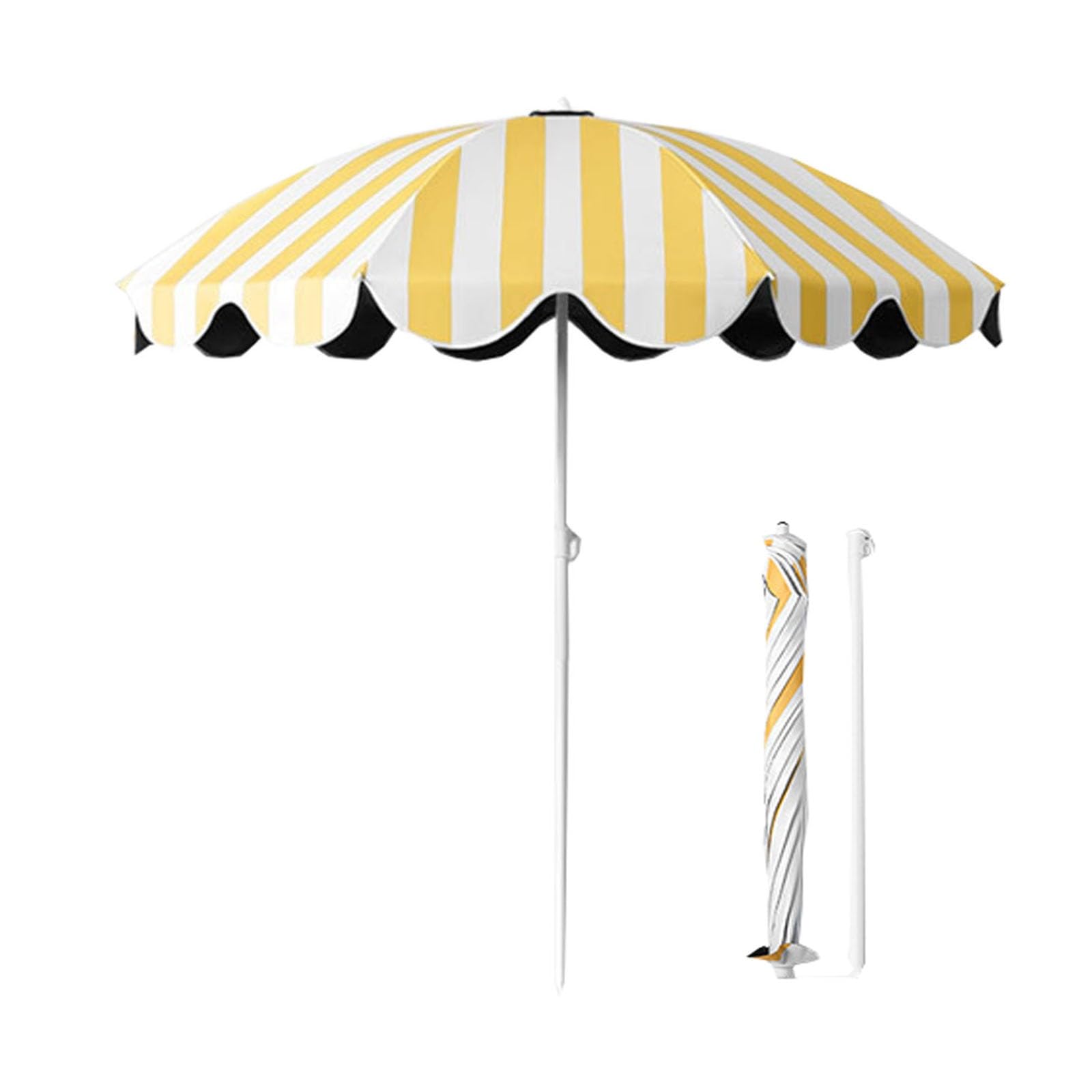 Parasol W Żółte Paski Z Czarnym Winylowym Wnętrzem Zapewniającym Ochronę Przed Słońcem I Chłodzeniem, Odpowiedni Na Kemping Na Plaży I Na Patio.