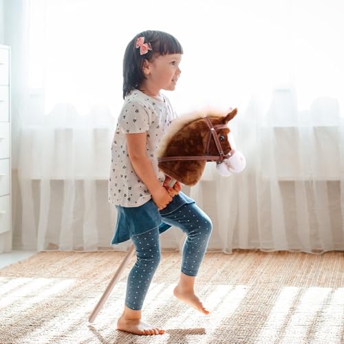 Image of Linzy Toys 35.5 inch Plush Stick Horse - Funny Hobby Horse with Pony Sound, Soft Realistic Mane & Durable Leather Reins, Pretend Play Riding Toy for Boys & Girls Ages 3+ (Brown)