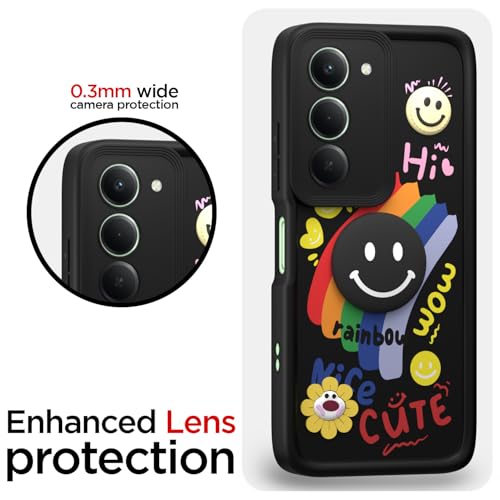 Image of Pikkme Back Cover for Redmi 15 5G | Soft Silicone| Cute Rainbow Smile & 3D Cartoon Flower Design | Shockproof Raised Camera Protection Bumper Case (Black)
