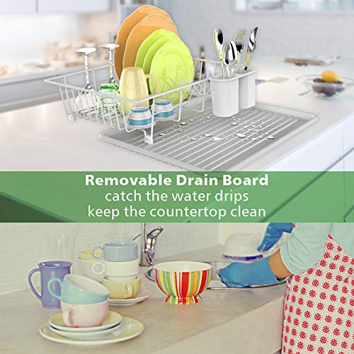 Dish Drying Rack, F-color Dish Rack with Drain Board, Utensil Holder, Anti Rust Dish Drainer for Kitchen Counter Top Dish Rack Wire Holder, White, 16.4 x 12 x 4.3 inch - Thumbnail 6