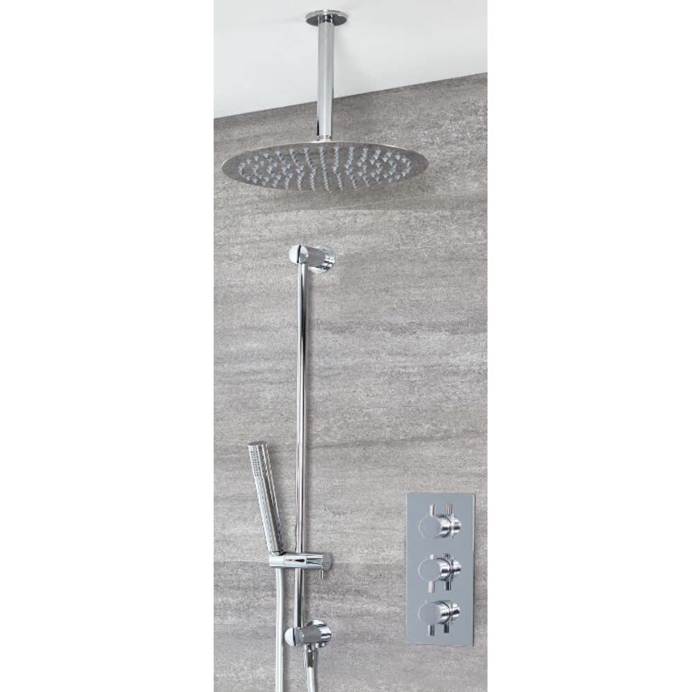 Milano Chrome Mirage Thermostatic Mixer Valve Ceiling Mounted Shower Head Handset Riser Rail