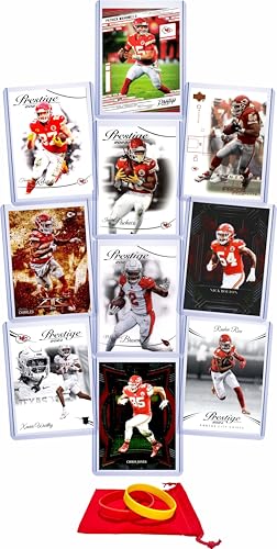 Kansas City Chiefs Football Cards: Patrick Mahomes Travis Kelce Isiah Pacheco Jamaal Charles Chris Jones Marquise Brown Nick Bolton Rashee Rice Xavier Worthy Tony Gonzalez (10) ASSORTED Football Stars & GOATs Trading Card & Wristbands Gift Pack