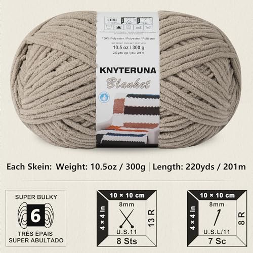 Image of #6 Super Bulky Blanket Yarn for Crocheting - 4 Skeins(Each 10.5oz /300g, 220yds /201m), Chunky Chenille Thick Plush Big Soft Yarn for Crocheting Knitting Blankets, Khaki