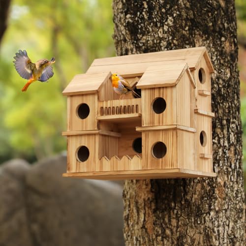 Bird House for Outside 10 Hole Bird House Room for 10 Birds Families, Large Hanging Birdhouse Nesting Box for Wren Finch Chickadee Sparrow, Decorative Garden Bird Hotel