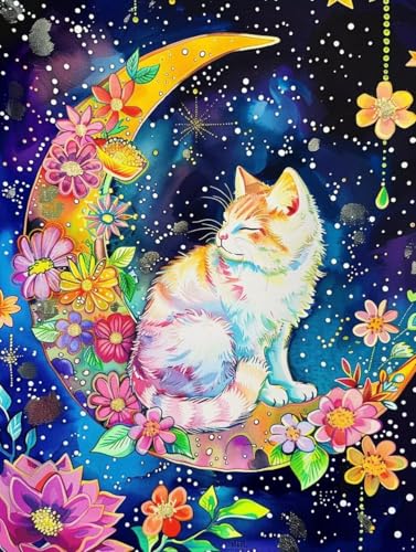 Diamond painting adulte lune et chat | Kit complet broderie diamant 5D grand format 80x110cm
