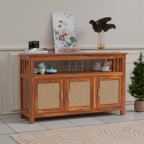 Image of ALATERRE Wooden Sideboard Cabinet with Cane Doors | 3 Door Storage Cabinet with Open Shelf | Solid Wood Buffet Table for Living Room, Dining Room & Entryway (Honey Finish)