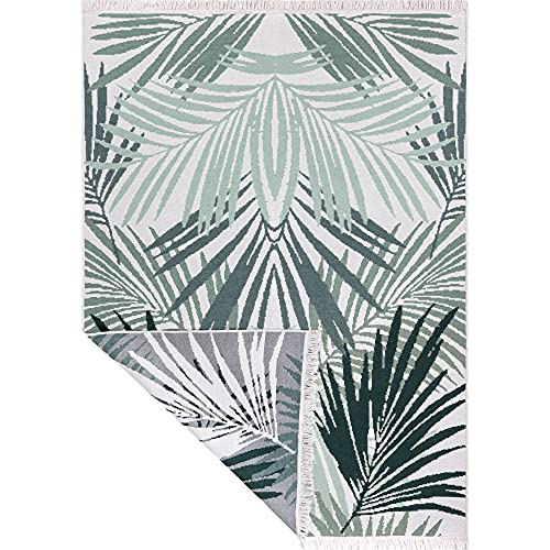 Jimri Fashion4Home Alfombra de Pelo Corto – Alfombra Boho Kelim para salón, Dormitorio y Cocina, Alfombra de Pasillo, Alfombra de Palmera, Verde y Blanco, Saludos 80 x 150 cm
