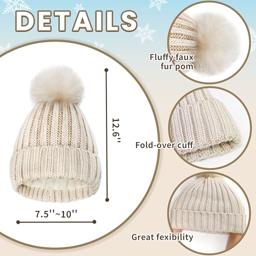 Winter Warm Hat Scarf Glove Set for Women,Fleece Lined Winter Beanie 3 in 1 - Beige Thermal Women Beanie with Pom, Thicken Widen Long Knit Scarf,Touchscreen Non-Slip Gloves2