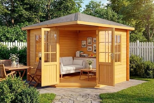 Alpholz 5-Eck Gartenhaus Monica aus Massiv-Holz, Gerätehaus mit 40 mm Wandstärke, Garten Holzhaus inklusive Montagematerial, Geräteschuppen Größe: 300 x 300 cm, Spitzdach