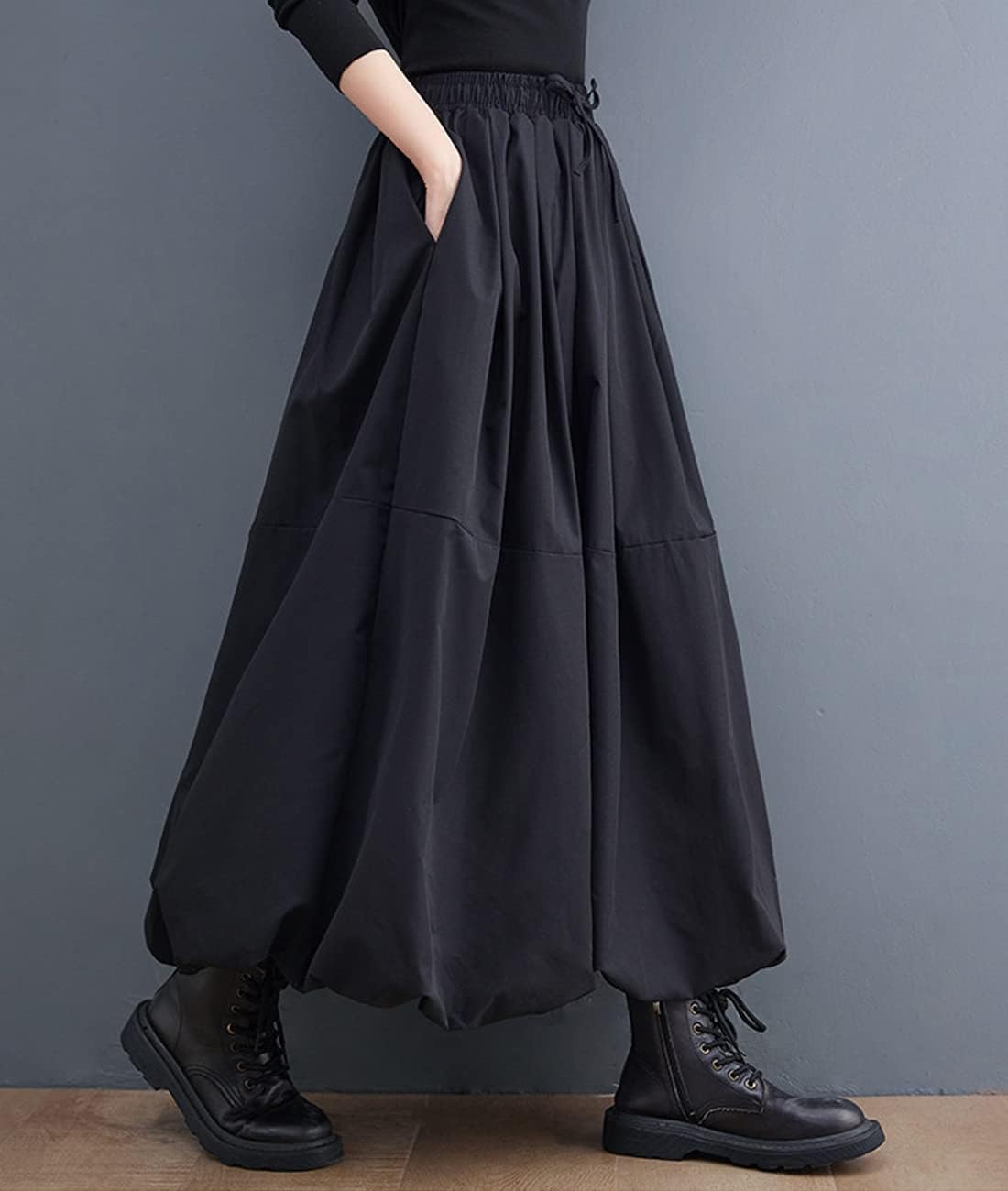 Femiserah Women's Black Elastic Waist A Line Long Bubble Pompom Lantern Skirt - Image 2