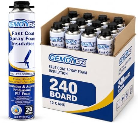 Spray Foam Insulation 240 Board ft/Sq.ft, Closed Cell Wide Polyurethane DIY Spray Foam for Walls, Ceilings, Attics and Garage Doors (12 Pack×25.4oz) -Thermal & Soundproofing,Only Foam Cans