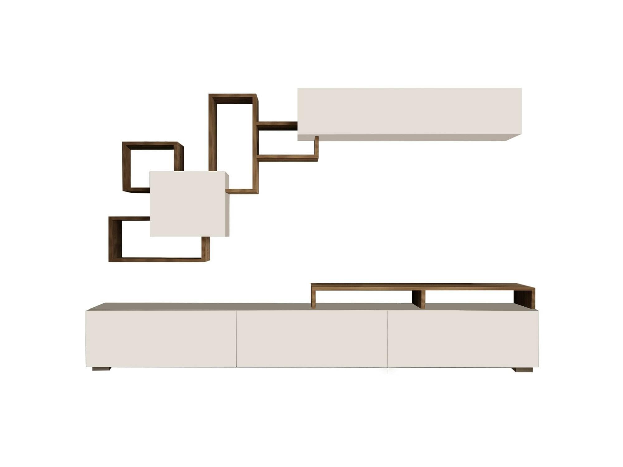 Dmora - Parete attrezzata Thalassa, Composizione soggiorno, Mobile salotto multiuso, Armadio porta TV, 210x37h47 cm, Bianco e Noce