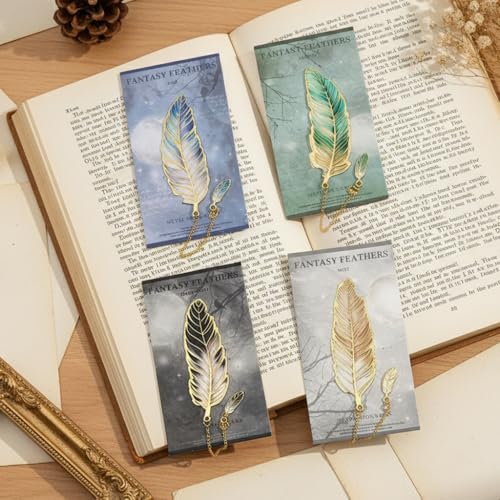 Image of 4Pcs Vintage Metal Feather Bookmarks with Gradient Color Pendant, Retro Book Page Markers for Reading Lovers, Unique Gift for Students & Readers