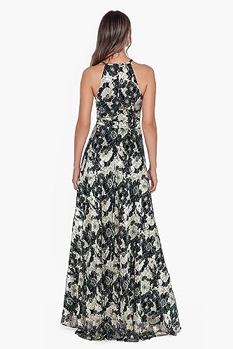 Image of Betsy & Adam Women's Long Sleeveless Halter Metallic Print Wrap Overlay Gown, Green /Gold, 14