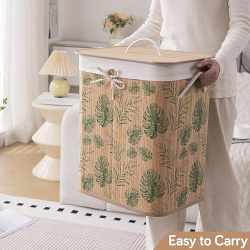 Image of HOKIPO Eco-Friendly Foldable Bamboo Laundry Basket Hamper with Lid, Large - 60 Liter, Tropical Leaves (AR-5751), Multi