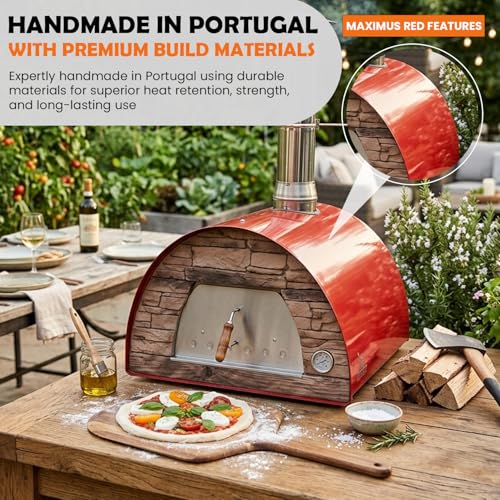 Authentic Pizza Ovens Maximus Red Wood-Fired Portable Outdoor Pizza Oven, Handmade in Portugal, Stainless Steel Chimney, Pizza Peel, Thermometer, Extra Floor Tile & Baking Dish Included - Image 6