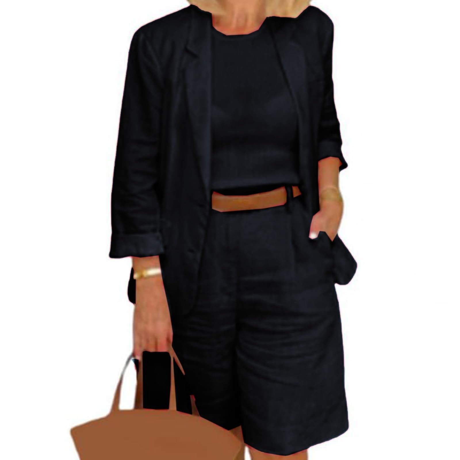 Completo 2 Pezzi Cotone Lino Tailleur Set Leggero Blazer Estivo e Bermuda Shorts Outfit Casual Gamba Larga Short PantsSet per Ufficio