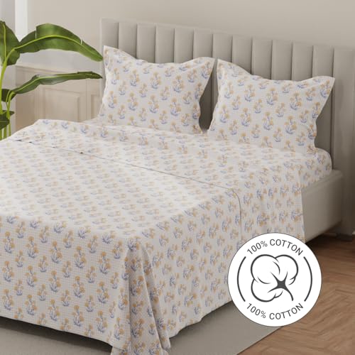 Image of Layers 100% Cotton Bedsheet for King Size Bed | Lumina Floret Collection | 144 TC Soft & Breathable | Printed with 2 Pillow Covers | Wrinkle Free & Colorfast | 3 Piece Bedding Set - Yellow & Blue