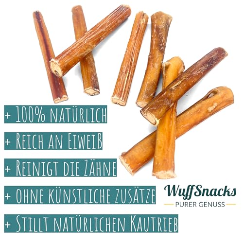 Ochsenziemer für Hunde I 10 Stück I 12 cm I natürliche und hochwertige Ochsenziemer Stücke I Bully Sticks I fettarm und proteinreich I Kauartikel zur Zahnpflege von Wuffsnacks