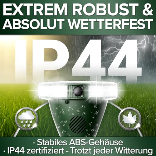 GRUNDIG perfekte Ultraschall Abwehr gegen Katzen und Hunde im Garten - 360 Grad Katzenschreck Hundeschreck Bewegungsmelder mit 8 Blitzlichtern, 2 Frequenzbändern, Solar, Akku, IP44 wasserdicht (Grün)