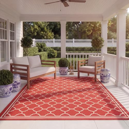 SAFAVIEH Courtyard Collection Area Rug - 9' x 12', Red & Bone, Non-Shedding & Easy Care, Indoor/Outdoor & Washable-Ideal for Patio, Backyard, Mudroom (CY6918-248)