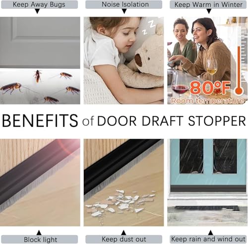 Image of Door Draft Stopper with Brush, Under Door Sweep for Exterior & Interior Doors, Weather Stripping Door Seal, Garage Window Blocker Noise Cold Air Insulation, Draft Guard (Grey (39 INCH))