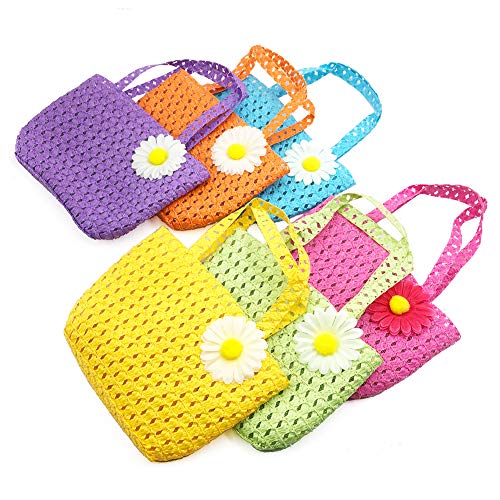 6Sets Girls Tea Party Straw Sun Hat And Purse Sets Kids Child Birthdays Easter Party Daisy Flower Sunflower Summer Beach Cap Travel Gift Assorted Colors (6Color) #TOP2