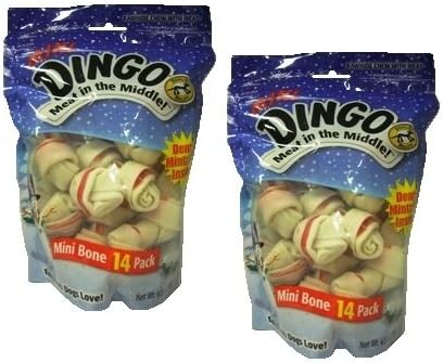Dingo mini bone dog treats with BONUS Dingo dental mintz, Rawhide chew with meat in the middle, (2 PACKS)