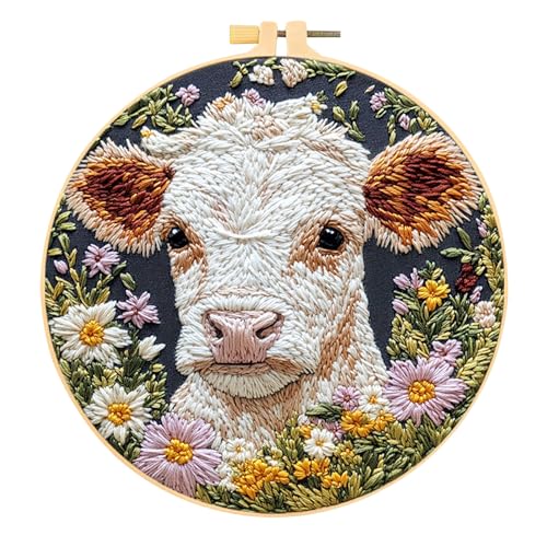 Image of GLLBTPT Embroidery Kit for Adults Beginner - Cartoon Cow with Daisy Flower DIY Embroidery Set, Includes Printed Cloth, Cotton Thread Pack, Frame & Instructions
