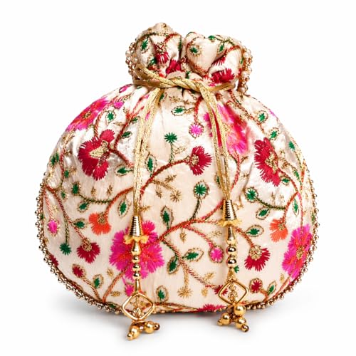 Image of Women's Multicolour Floral Embroidered Silk Potli Bag, Handcrafted Ethnic Drawstring Purse for Wedding, Party, Festive, Bridal