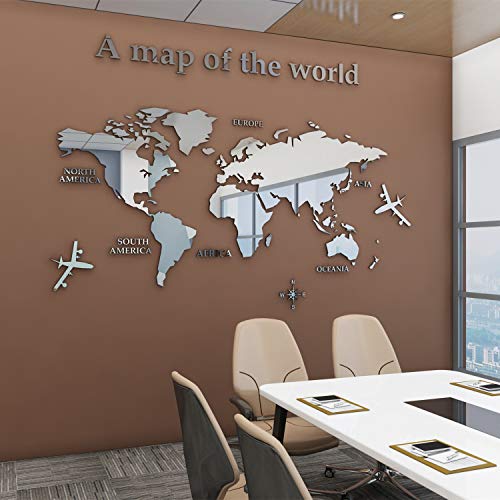 Acrylic 3D Wall Stickers World Map Wall Decal for Office Decoration (Silver, Large)