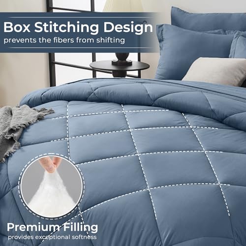HEVUMYI Dusty Blue Full Comforter Set - 7-Piece All Season Bed in a Bag Full, Ultra Soft Bedding Set with Comforter, Flat Sheet, Fitted Sheet, Pillowcases, Pillow Shams