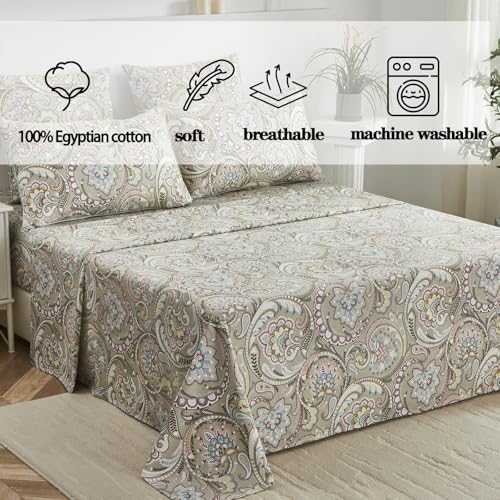 Image of FADFAY Paisley Sheets Set Twin XL Boho Paisley College Bedding Luxurious Bohemian Damask Dorm Bedding 100% Egyptian Cotton 800 Thread Count Deep Pocket Fitted Sheet 4Pcs, Twin XL Size